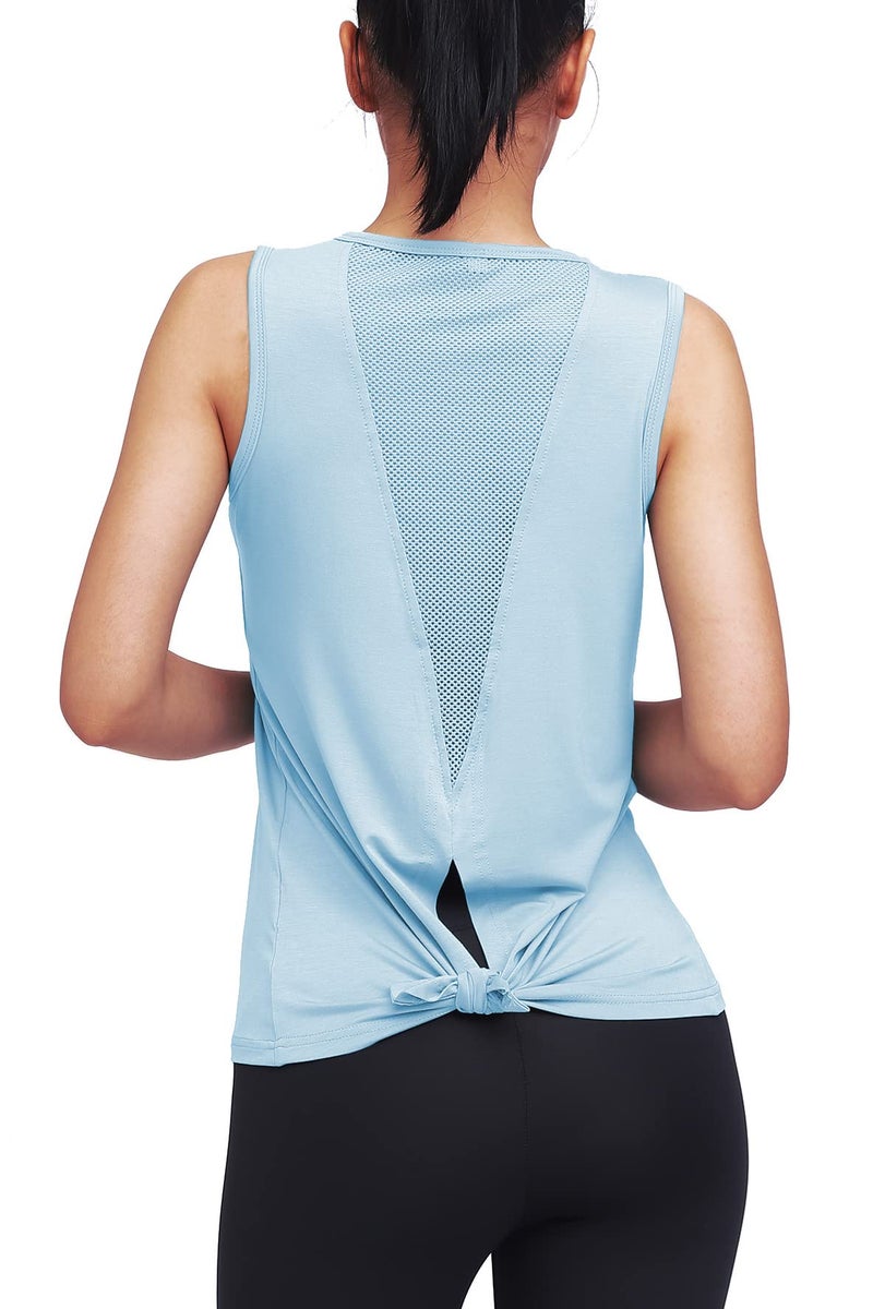 Mippo Workout Tops for Women Yoga Clothes Running Shirts Tie Back Tanks Tennis Shirts Athletic Exercise Tops Light Blue S - Image 5